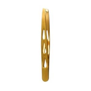 Professional stainless steel eyebrow tweezers featuring an angled slant tip design, perfectly aligned flush edges, and a luxury gold finish with three sleek triangular cutout vents along the handle grip, shown in 100.jpg against a clean white background.