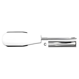 A dental extraction tool with a large white ergonomic handle and a slim metallic shaft. A magnified inset box labeled C shows a close-up of the grooved, concave tip.
