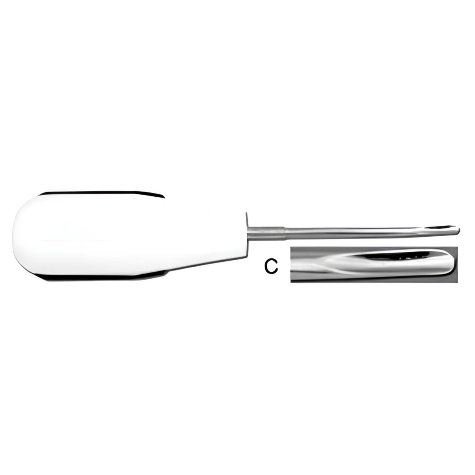 A dental extraction tool with a large white ergonomic handle and a slim metallic shaft. A magnified inset box labeled C shows a close-up of the grooved, concave tip.