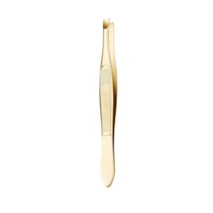 Professional stainless steel eyebrow tweezers featuring an angled slant tip design, perfectly aligned flush edges, and an elegant polished gold finish with a combined ribbed and knurled non-slip grip zone on the handle, shown in 101.jpg against a clean white background.