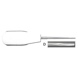 A dental root elevator with a wide, white ergonomic handle and a slender metal shaft. A close-up detail box labeled D shows the smooth, concave working end of the tool.