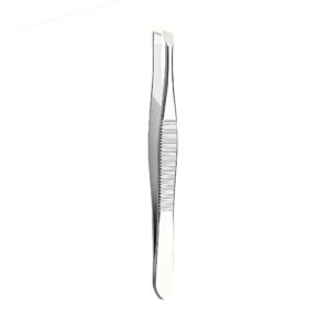Professional stainless steel eyebrow tweezers featuring an angled slant tip design, perfectly flush aligned edges, and an integrated horizontal ribbed non-slip grip zone on the satin finish handle, shown in 102.jpg against a clean white background.