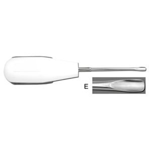 A dental root elevator with a thick, ergonomic white handle and a stainless steel shaft. A magnified inset box labeled E shows a close-up of the wide, spoon-shaped tip.