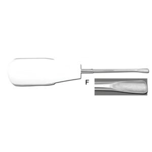 A dental root elevator with a thick, ergonomic white handle and a long stainless steel shaft. A magnified inset box labeled F shows a close-up of the wide, flattened concave tip.