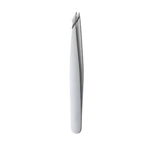 Professional stainless steel eyebrow tweezers featuring a hybrid point-slant tip design, combining a sharp point with an angled flat edge on a smooth satin silver handle body, shown in 104.jpg against a clean white background.