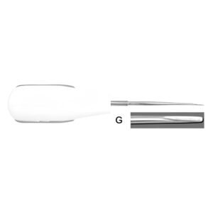 A dental root elevator with a wide, white ergonomic handle and a slim metallic shaft. A magnified inset box labeled G shows a close-up of the thin, tapered concave tip.