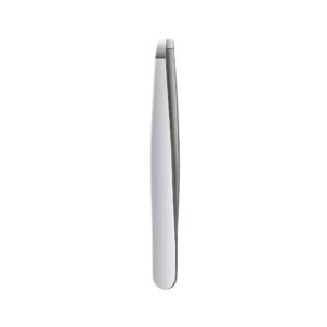 Professional stainless steel eyebrow tweezers featuring a classic straight flat tip design, perfectly flush aligned edges, and a smooth, ergonomic satin silver handle body, shown in 105.jpg against a solid white background.