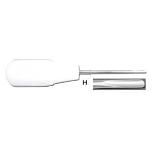 A dental root elevator with a thick, ergonomic white handle and a long stainless steel shaft. A magnified inset box labeled H shows a close-up of the narrow, rounded concave working tip.