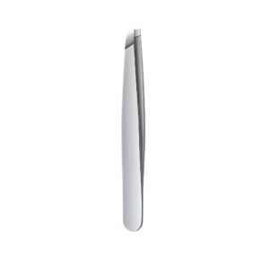 Professional stainless steel eyebrow tweezers featuring a classic angled slant tip design, perfectly aligned edges, and a smooth, ergonomic satin silver handle body, shown in 106.jpg against a clean white background.