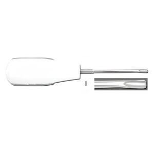 A dental root elevator with a thick, white ergonomic handle and a slender stainless steel shaft. A magnified inset box labeled I shows a close-up of the smooth, concave tip.