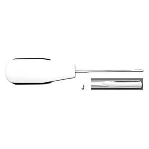 A dental root elevator with a large white ergonomic handle and a slim metallic shaft. An inset detail box labeled J provides a close-up of the curved, concave tip.