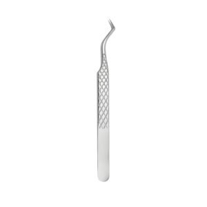 Professional stainless steel curved eyelash extension tweezers featuring an angled precision tip and an engraved cross-hatch diamond pattern grip on the handle, displayed in 110.jpg against a clean white background.