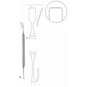 Surgical-grade stainless steel double-ended periosteal elevator and bone rasp instrument, showcasing a knurled handle with a micro-serrated flat working tip on one end and a slender curved elevator tip on the other, illustrated with technical line diagrams (110.jpg).