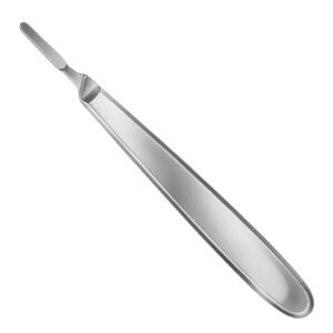 A professional-grade stainless steel surgical scalpel handle (No. 4 or No. 3 style) shown at a diagonal angle against a white background.