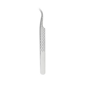 Professional stainless steel curved eyelash extension tweezers with a prominent S-curve design, precise micro-tips, and an engraved cross-hatch diamond pattern grip on the handle, displayed in 111.jpg against a clean white background.