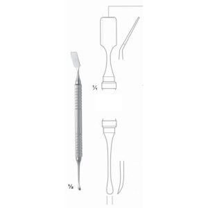 Surgical stainless steel double-ended periosteal elevator instrument featuring a ribbed handle with an angled serrated bone rasp end and a smooth curved narrow separator tip, shown with architectural line diagrams (111.jpg).