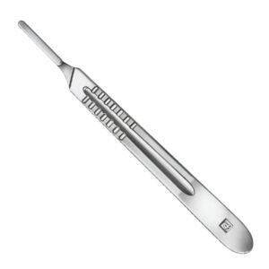 A stainless steel No. 3 surgical scalpel handle with a built-in measuring scale on the handle, shown on a white background.