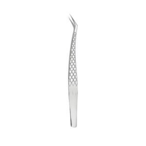 Professional stainless steel eyelash extension tweezers featuring a sharp 45-degree angled precision boot tip and an engraved cross-hatch diamond pattern grip on the handle, shown in 112.jpg against a clean white background.