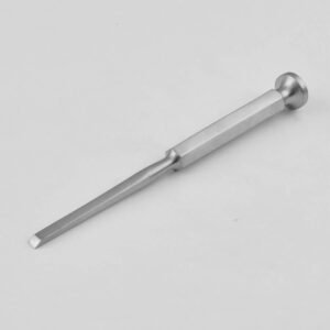 A medical-grade stainless steel orthopedic bone chisel featuring a sharp beveled cutting edge, a thick hexagonal grip handle, and a round mallet striking platform at the base, shown from an elevated perspective on a light grey background in 112.jpg.