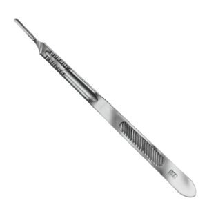 A professional long-reach #4L stainless steel surgical scalpel handle with two separate textured grip sections, displayed on a white background.