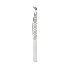 Professional stainless steel eyelash extension tweezers featuring a sharp L-shaped boot-style precision tip and an engraved cross-hatch diamond pattern grip on the wide handle, displayed in 113.jpg against a solid white background.
