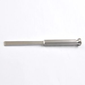 Medical-grade stainless steel orthopedic bone chisel instrument with a flat beveled blade, a hexagonal grip handle, and a rounded striking end, isolated on a white background (113.jpg).