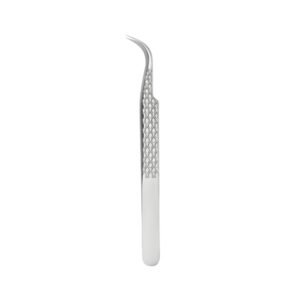 Professional stainless steel curved eyelash extension tweezers featuring short precise micro-tips and an engraved cross-hatch diamond pattern grip on the handle, displayed in 114.jpg against a clean white background.