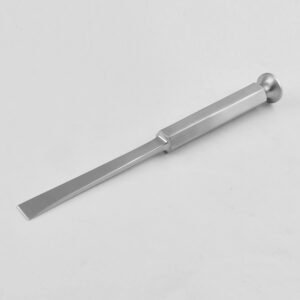 Medical-grade stainless steel orthopedic osteotome instrument featuring a flat beveled cutting blade, a hexagonal grip handle, and an integrated striking platform, shown from a three-quarter angle on a neutral background (114.jpg).