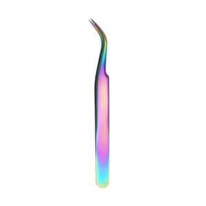 Professional stainless steel curved eyelash extension tweezers featuring a vibrant rainbow plasma multi-color titanium finish, precise micro-tips, and a smooth ergonomic handle grip, displayed in 115.jpg against a clean white background.