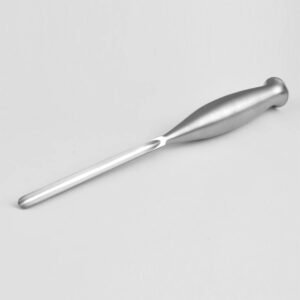 Medical-grade stainless steel orthopedic bone gouge instrument featuring a grooved, curved scoop tip, a contoured ergonomic handle, and a solid striking platform, shown from a three-quarter angle on a neutral background (115.jpg).