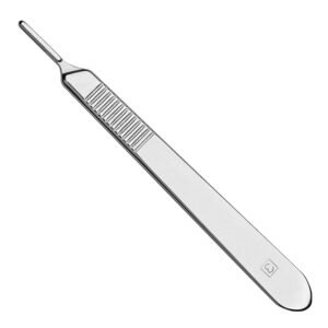 A stainless steel No. 3 surgical scalpel handle with a ribbed grip section and a "3" stamp near the base, shown on a white background.