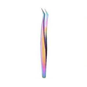 Professional stainless steel eyelash extension tweezers featuring a vibrant rainbow plasma multi-color titanium finish, a sharp 45-degree angled precision boot tip, and a smooth ergonomic handle, shown in 116.jpg against a clean white background.