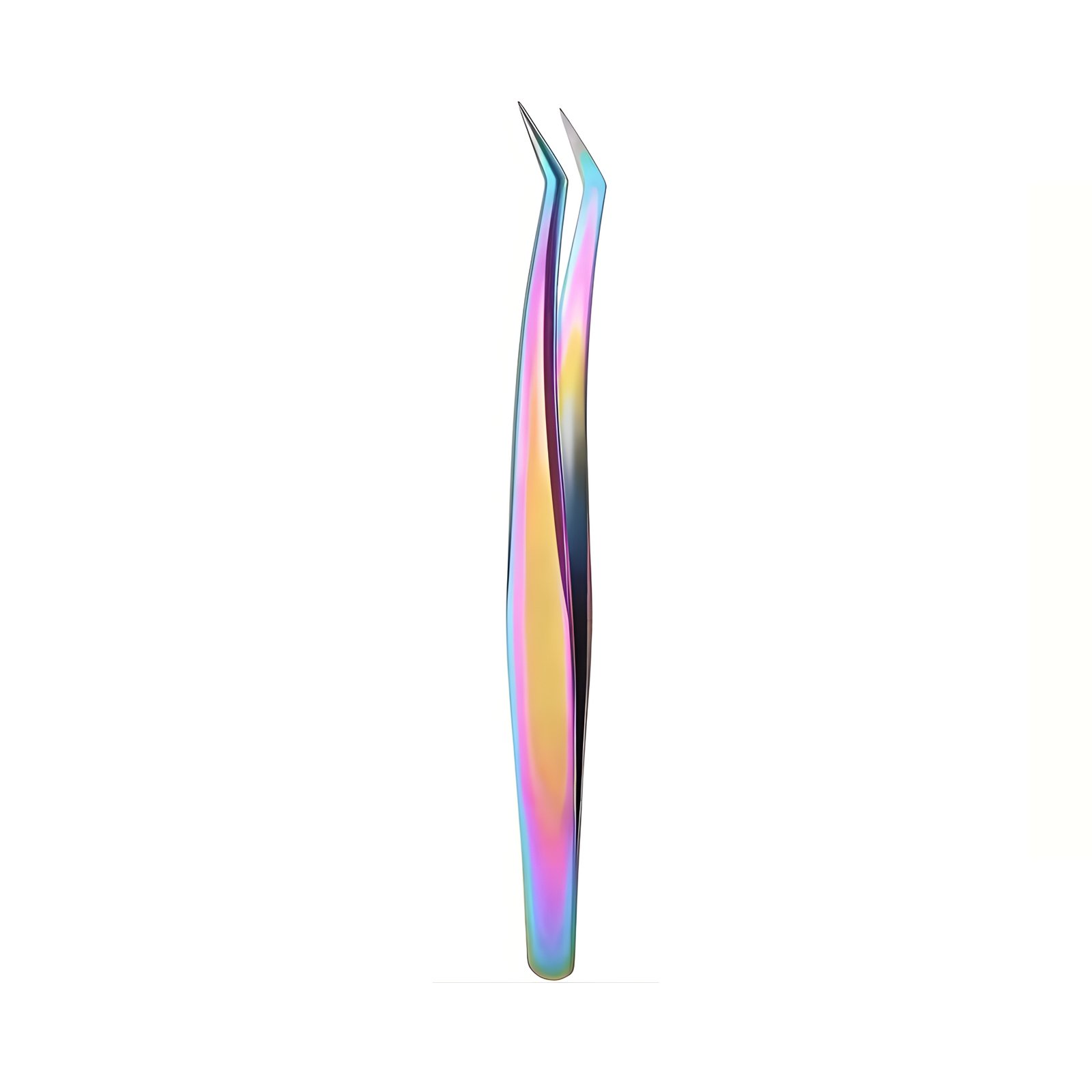 Professional stainless steel eyelash extension tweezers featuring a vibrant rainbow plasma multi-color titanium finish, a sharp 45-degree angled precision boot tip, and a smooth ergonomic handle, shown in 116.jpg against a clean white background.