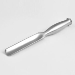 Medical-grade stainless steel orthopedic bone gouge instrument featuring a wide, deeply grooved scoop tip, a contoured ergonomic handle, and an integrated striking platform, shown from a three-quarter angle on a neutral background (116.jpg).