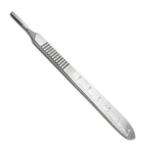 A high-quality stainless steel No. 3 surgical scalpel handle with an engraved metric measuring scale on the body, isolated on a white background.