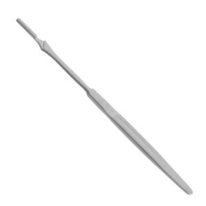 An extra-long stainless steel surgical scalpel handle with a slender neck and tapered body, isolated on a white background.