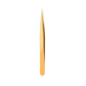 Professional stainless steel straight eyelash extension tweezers featuring a luxury polished gold finish, ultra-sharp fine needle tips, and a smooth ergonomic handle grip, displayed in 118.jpg against a solid white background.