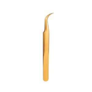 Professional stainless steel curved eyelash extension tweezers featuring a luxury polished gold finish, precise micro-tips, and a smooth ergonomic handle grip, displayed in 119.jpg against a clean white background.