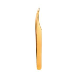 Professional stainless steel eyelash extension tweezers featuring a luxury polished gold finish, a sharp 45-degree angled precision boot tip, and a smooth ergonomic handle, shown in 120.jpg against a clean white background.