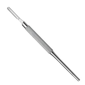 A stainless steel surgical scalpel handle with a round, tapered body and a diamond-pattern knurled grip section, shown on a white background.