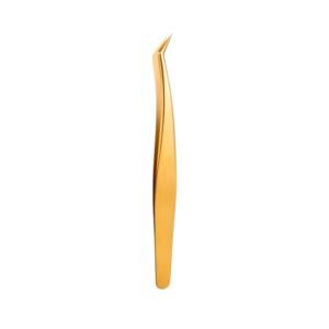 Professional stainless steel eyelash extension tweezers featuring a luxury polished gold finish, a sharp 65-degree angled L-shape precision boot tip, and a smooth ergonomic handle, shown in 121.jpg against a clean white background.
