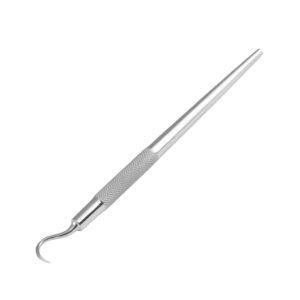 A stainless steel dental sickle scaler instrument with a sharp curved tip and a round knurled handle, shown on a white background.