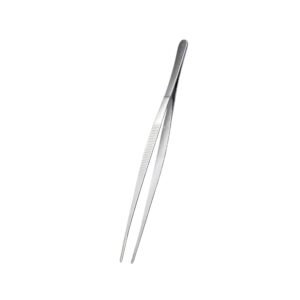 Professional extra-long stainless steel dressing tweezers featuring straight precision blunt tips, a smooth polished metallic finish, and a horizontal ribbed non-slip grip zone on the handles, shown in 123.jpg against a clean white background.