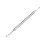 A double-ended stainless steel dental sickle scaler with two different curved tips and a textured diamond-knurled handle, shown on a white background.