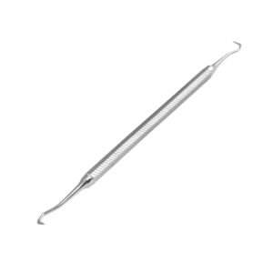 A double-ended stainless steel dental sickle scaler with two different curved tips and a textured diamond-knurled handle, shown on a white background.