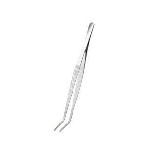Professional extra-long stainless steel dressing tweezers featuring angled curved precision tips with inner serrations, a smooth polished metallic finish, and a horizontal ribbed non-slip grip zone on the handles, shown in 124.jpg against a clean white background.