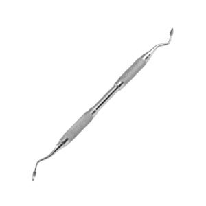 A double-ended stainless steel dental instrument for restorative work, featuring two different shaped tips and two knurled handle sections, isolated on a white background.
