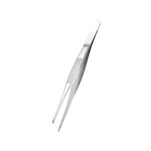 Professional stainless steel thumb dressing tweezers featuring straight tapered tips with inner serrations, a smooth polished metallic finish, and a horizontal ribbed non-slip grip zone on the handle panels, shown in 125.jpg against a clean white background.