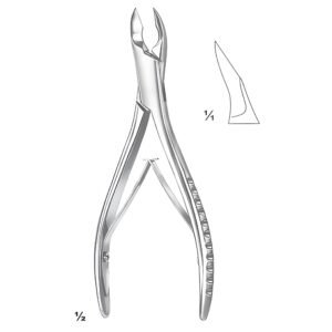 Medical illustration of a Cleveland Bone Cutting Forceps from 125.jpg, displaying its sharp curved jaws, spring-loaded handle design, and a detailed 1:1 scale profile inset of the cutting blade.