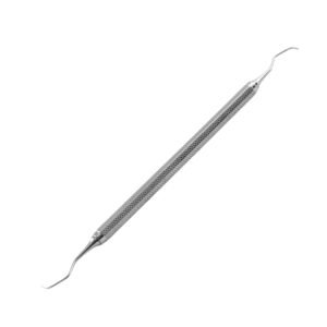 A double-ended stainless steel dental explorer instrument with thin, curved tips and a textured diamond-knurled cylindrical handle, isolated on a white background.